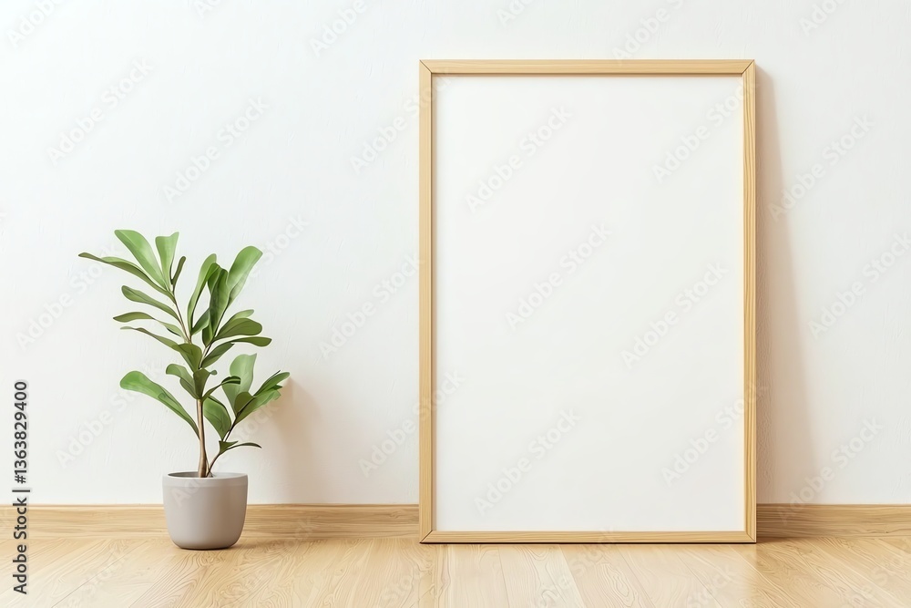 blank poster frame mockup leaning against wall on wooden floor, with indoor plant next to it, neutral light tones, minimal home interior blank poster frame mockup leaning against wall on wooden floor, with indoor plant next to it, neutral light tones, minimal home interior