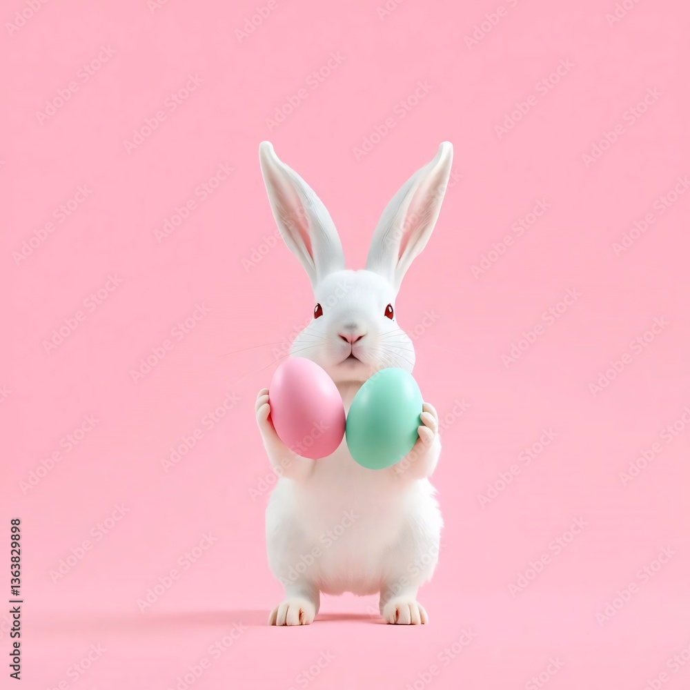 Fototapeta premium Cute white bunny juggling colorful Easter eggs on pastel pink background