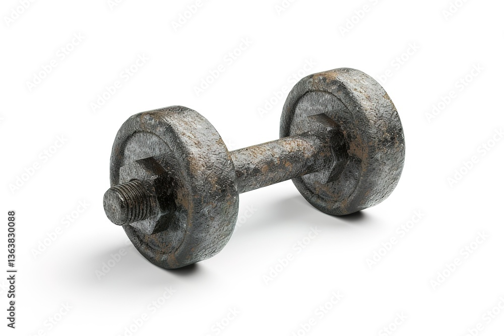 Heavily weathered cast iron dumbbell with threaded bolt-on end weights on a white surface Heavily weathered cast iron dumbbell with threaded bolt-on end weights on a white surface