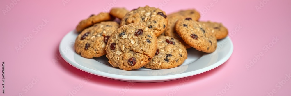 Freshly baked oatmeal chocolate chip cookies on a white plate against a pink backdrop Freshly baked oatmeal chocolate chip cookies on a white plate against a pink backdrop