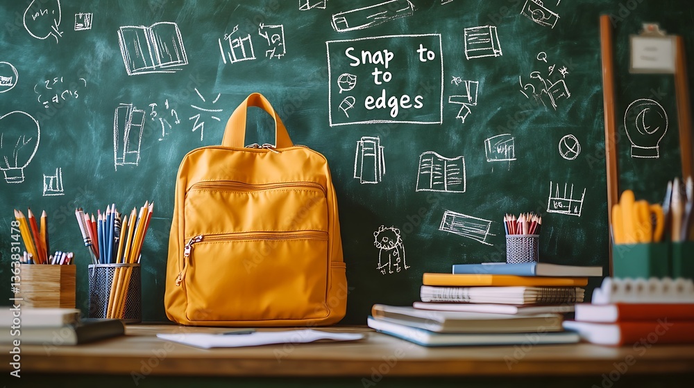 Classroom Scene with Backpack and Chalkboard Doodles, A classroom scene with a blue backpack on a desk surrounded by books, pencils, and a chalkboard Classroom Scene with Backpack and Chalkboard Doodles, A classroom scene with a blue backpack on a desk surrounded by books, pencils, and a chalkboard