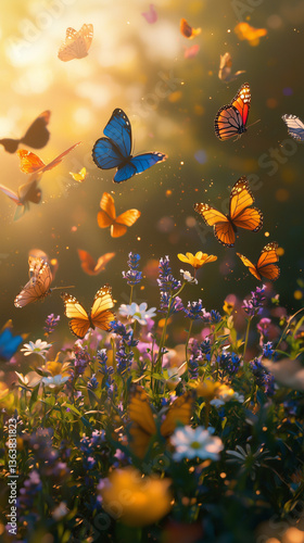 Wallpaper Mural Papillons colorés au-dessus d’un champ de fleurs sauvages ensoleillé Torontodigital.ca