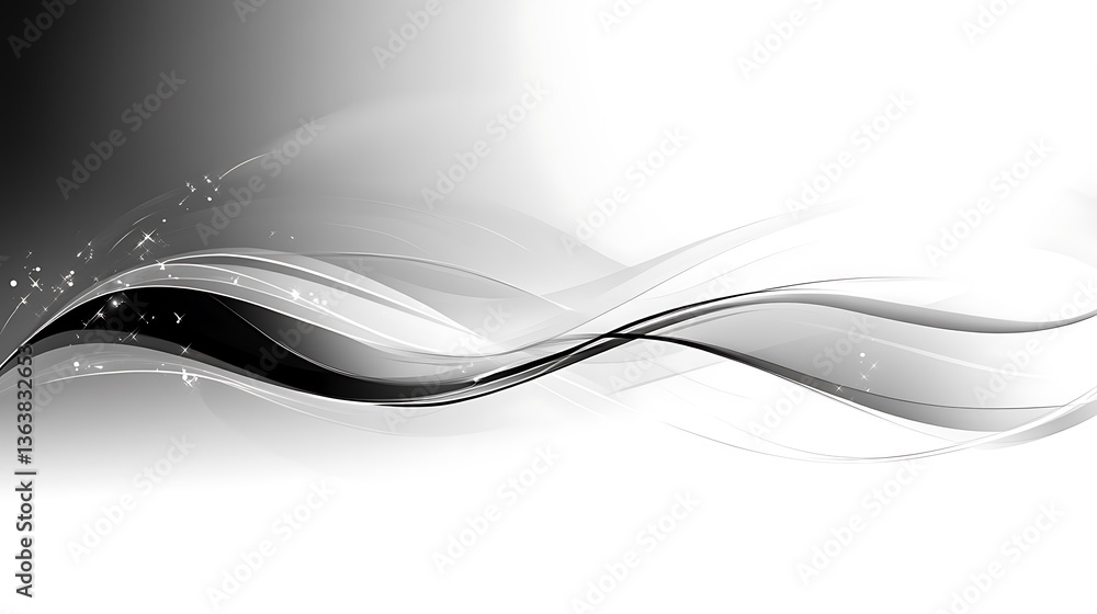 Fototapeta premium digital abstract artwork featuring a flowing, wave-like design primarily monochromatic, utilizing shades of black, white, and gray transitions smoothly from white to black, creating a gradient effect