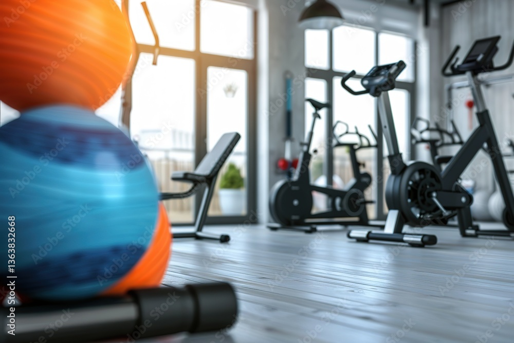 Fototapeta premium Gym Equipment and Exercise Balls: Ready for a workout in a bright modern space