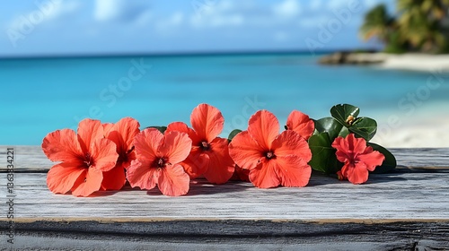 Obraz na płótnie Coral Flowers Beachfront Wooden Table w salonie