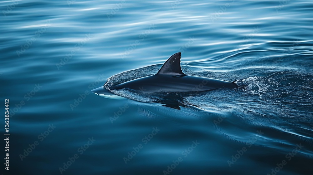 Fototapeta premium A solitary shark fin glides gracefully through the deep blue waters, sending gentle ripples across the serene, tranquil ocean