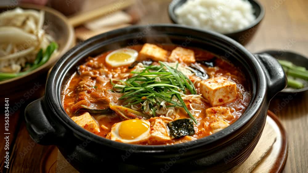 Hearty Kare-Kare stew with tofu, vegetables, and egg in rich, savory peanut-based broth. Served in traditional clay pot with steamed rice, perfect for culinary blogs, food photography, cooking content Hearty Kare-Kare stew with tofu, vegetables, and egg in rich, savory peanut-based broth. Served in traditional clay pot with steamed rice, perfect for culinary blogs, food photography, cooking content