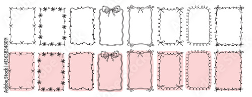 hand drawn doodle pink cute borders for wedding invitation with bows, quirky trendy whimsical frames for girl birthday, wavy borders. Empty cute line frames