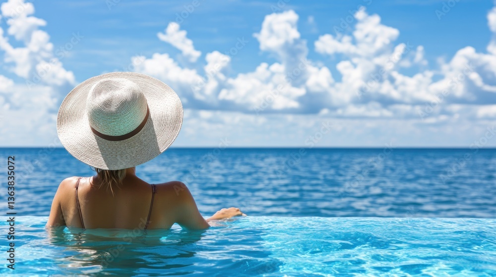 Woman in infinity pool ocean view relaxation Woman in infinity pool ocean view relaxation