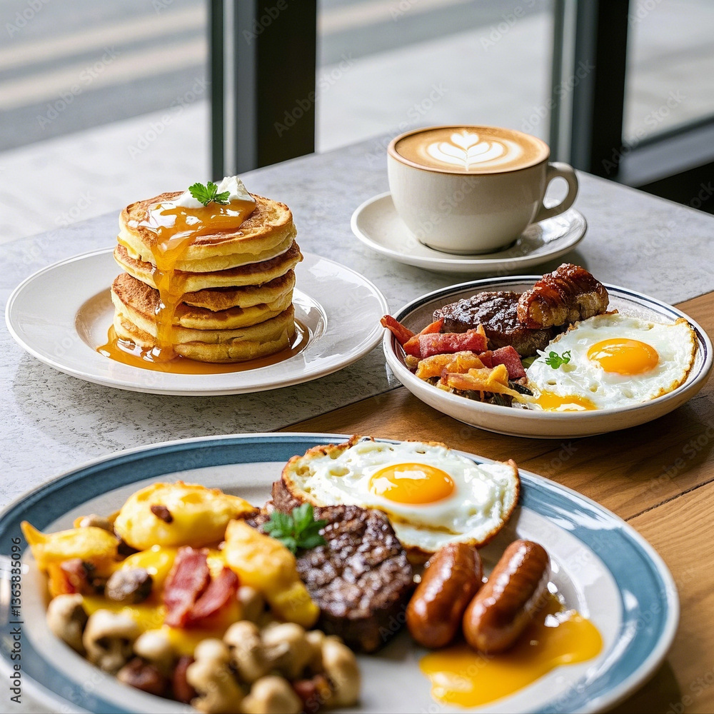 Full English Breakfast with Pancakes and Coffee Full English Breakfast with Pancakes and Coffee