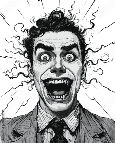 Maniac sinister-looking man with a wide, unsettling grin and intense eyes, madness, horror sketch