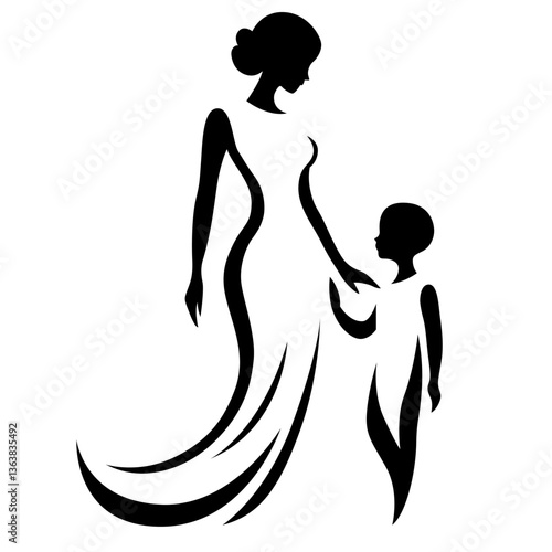 Elegant black silhouette mother and child holding hands, symbolizing love, family bond, and motherhood. Mother's Day, parenting, maternal care, and family-related concepts in vector illustration