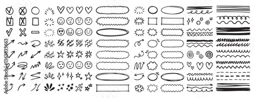 doodle underline emphasis scribble elements line hand drawn set. doodle brush shapes stroke highlight sparkle and arrow elements. childish drawing kids style.