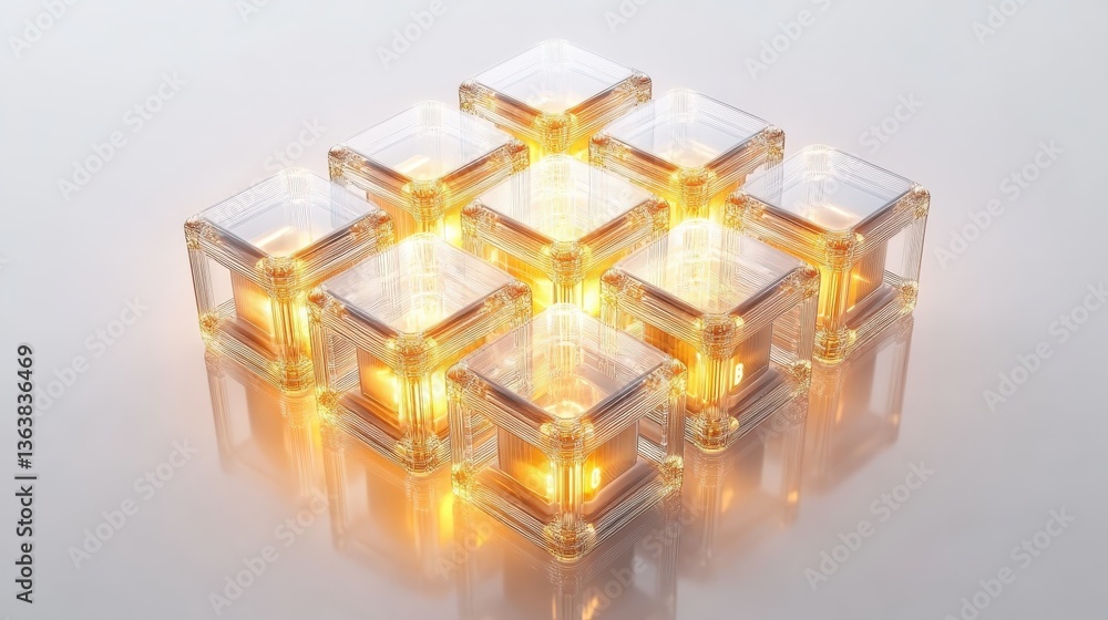 Transparent glowing cubes arranged in a complex geometrical formation Transparent glowing cubes arranged in a complex geometrical formation
