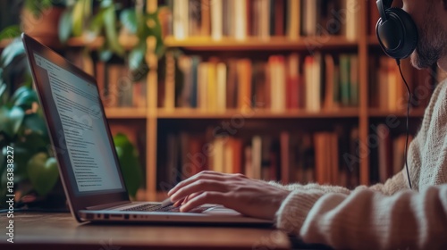 Focused individual working on a laptop in a cozy library setting