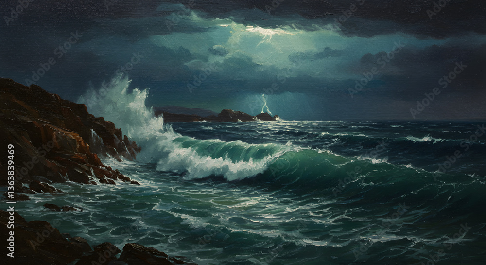 Powerful waves crashing against rocks under a stormy sky with lightning. Nature's power concept Powerful waves crashing against rocks under a stormy sky with lightning. Nature's power concept