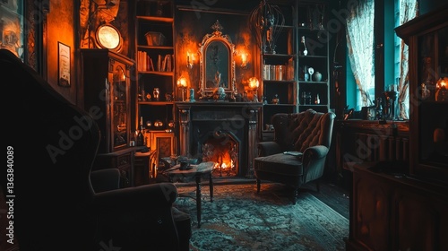 Wallpaper Mural Haunted vintage parlor with spectral haze, dusty shelves lined with eerie objects, cracked fireplace without flames, gothic noir theme, illuminated by dim orange lanterns Torontodigital.ca