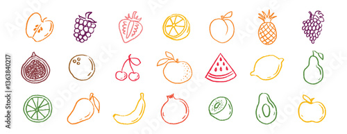 Fruit icons chalk hand drawn doodle set. Drawing crayon fruit