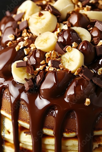 Towering banana chocolate cascade pancakes topped with nut sprinkles