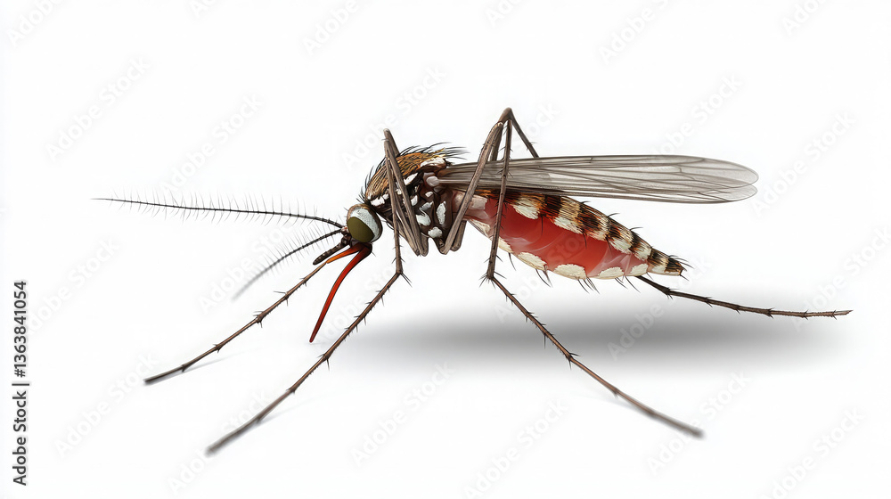 A close-up reveals a mosquito poised to strike, its proboscis extended, a tiny predator against a stark white background. A close-up reveals a mosquito poised to strike, its proboscis extended, a tiny predator against a stark white background.