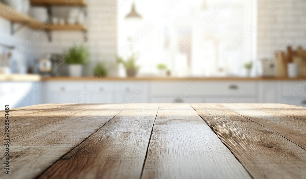 Modern kitchen wooden table top. Blurred background of a bright, airy kitchen Modern kitchen wooden table top. Blurred background of a bright, airy kitchen