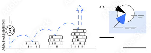Stacked coins highlight increasing wealth, arrow signifies growth, abstract chart displays data analysis. Ideal for finance, investment, progress, business strategy, economic growth, profitability