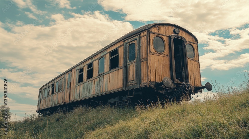 Fototapeta premium Weathered wooden train on grassy hill under cloudy skies: a nostalgic scene with beige and blue tones old train carriage a relic of the past against a scenic background 