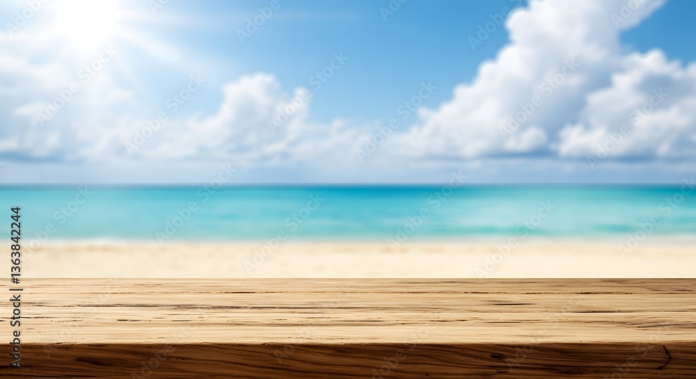 Fototapeta premium empty wooden table top with blurred blue sea and sky background layout for product display