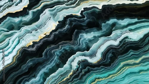 An abstract close-up of layered agate stone with swirling patterns in shades of teal, black, and gold. The smooth texture and vibrant colors create a mesmerizing visual effect. 