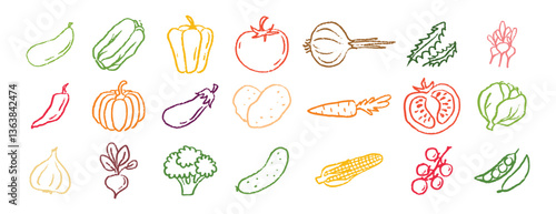 Vegetables icons chalk hand drawn doodle set. Drawing crayon vegetables 