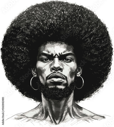 man with an exaggerated voluminous afro hairstyle, blending artistic surrealism with a bold vintage