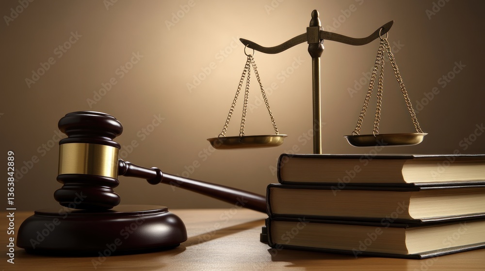 Justice, scales, gavel, law books, brown background, legal concept Justice, scales, gavel, law books, brown background, legal concept