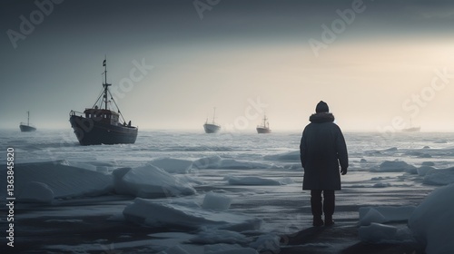 Icy waters deep desaturated tones man standing coat blowing in wind distant fishing boats atmospheric lighting Nordic Noir aesthetic cinematic storytelling Arctic winter realism