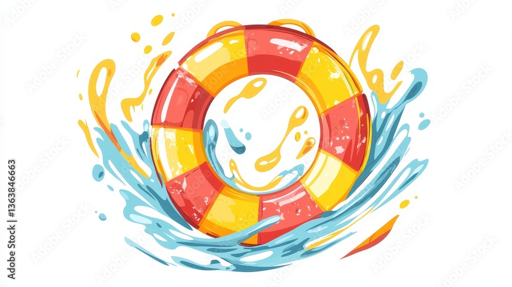 Cheerful cartoon lifebuoy in yellow and red tones, surrounded by a few splashes of water droplets, cut out on a white background