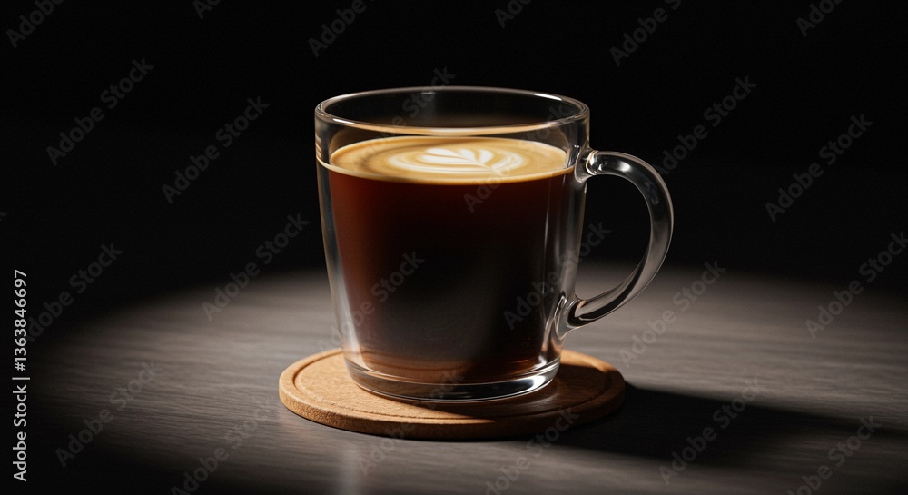 Latte art in clear mug on coaster in spotlight against dark background Latte art in clear mug on coaster in spotlight against dark background