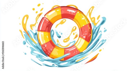 Obraz na płótnie Cheerful cartoon lifebuoy in yellow and red tones, surrounded by a few splashes of water droplets, cut out on a white background w salonie