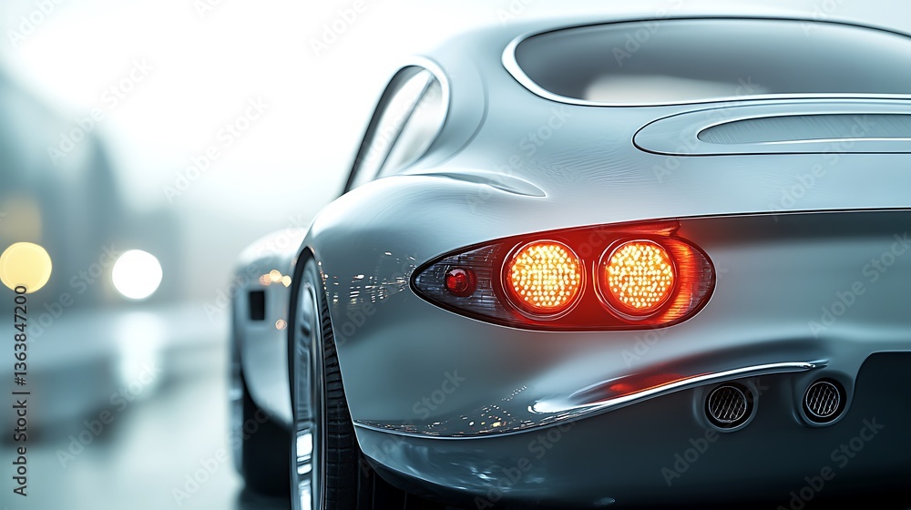 Classic car's rear lights in foggy city. Classic car's rear lights in foggy city.