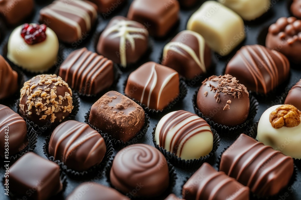 Assortment of delicious chocolates on dark tray, close-up view, background of assorted chocolates. Possible use food advertisement or blog post Assortment of delicious chocolates on dark tray, close-up view, background of assorted chocolates. Possible use food advertisement or blog post