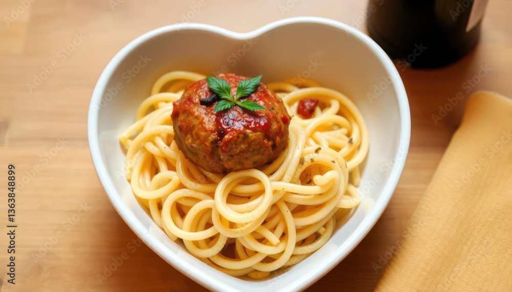 A heart-shaped bowl filled with spaghetti and a meatball, garnished with a mint leaf. A heart-shaped bowl filled with spaghetti and a meatball, garnished with a mint leaf.