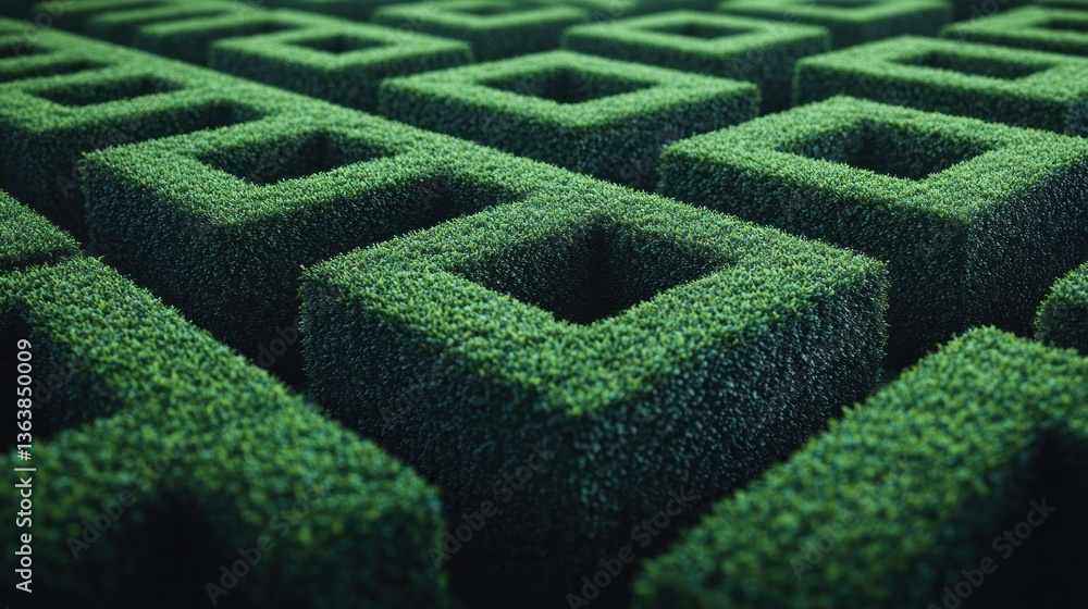 A hedge maze with perfectly trimmed green bushes. A hedge maze with perfectly trimmed green bushes.