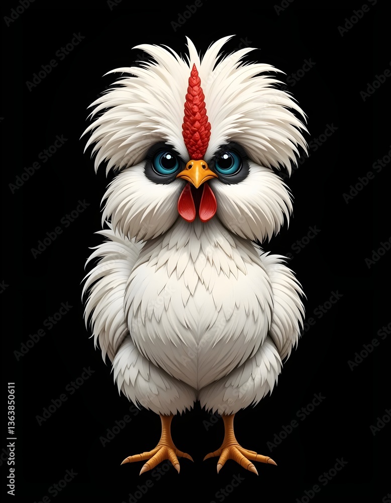 Fototapeta premium Cartoon Silkie Chicken Farm Animal Illustration poultry feathers bird, fluffy chicken, cute chicken, animal illustration, chicken cartoon, barnyard animal, farm bird, domestic bird, funny chicken
