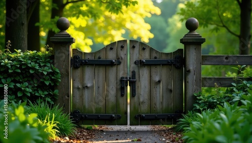 Ornate wooden gate creaks as it swings on a fence post, nature, wood