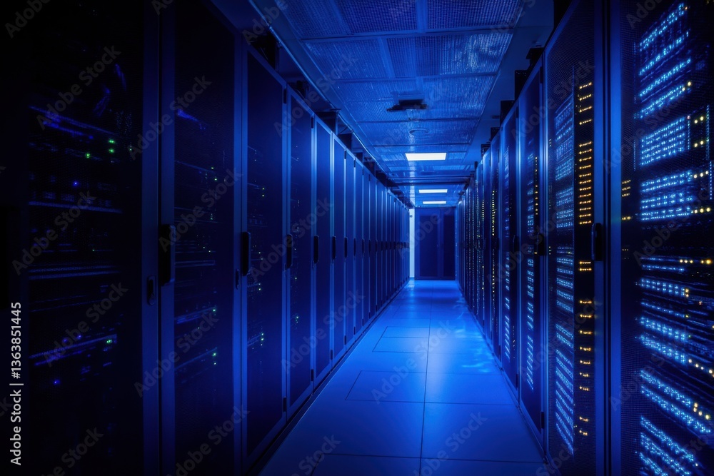 Fototapeta premium Cloud computing server room in high-tech environment with cool blue lighting and negative space on left