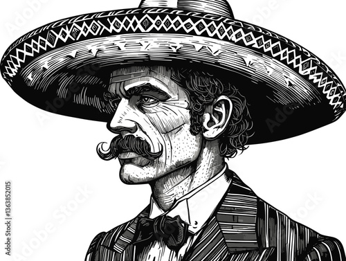serious man wearing a traditional sombrero and formal suit with a bow tie, showcasing cultural