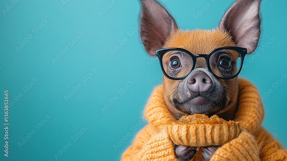 Obraz premium Chihuahua Dog Wearing Glasses and Yellow Sweater Against Blue Background