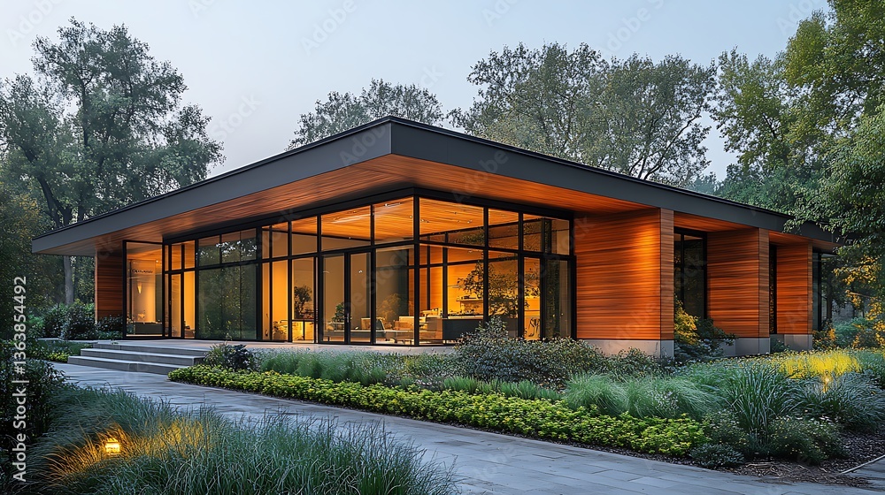 Modern Architecture: Stunning Glass-Walled House Surrounded by Lush Greenery and Landscaping with Warm Interior Lighting. Modern Architecture: Stunning Glass-Walled House Surrounded by Lush Greenery and Landscaping with Warm Interior Lighting.