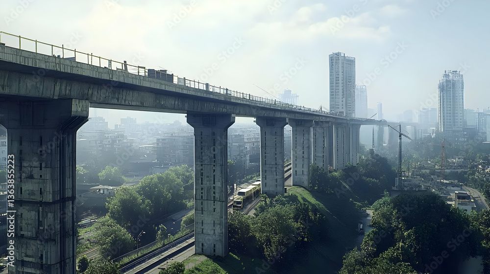 Elevated Concrete Bridge Spanning Lush Green Trees And Cityscape Under Bright Daylight Elevated Concrete Bridge Spanning Lush Green Trees And Cityscape Under Bright Daylight