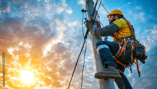 Man working on utility pole at sunset ensuring energy infrastructure and distribution of electricity for home and business showcasing maintenance and safety