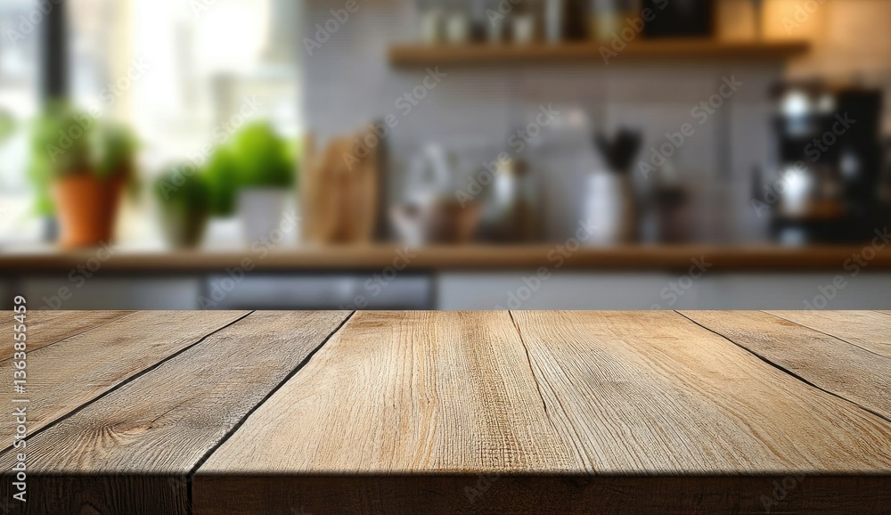 Light brown wooden kitchen table top, blurred background of a modern kitchen Light brown wooden kitchen table top, blurred background of a modern kitchen