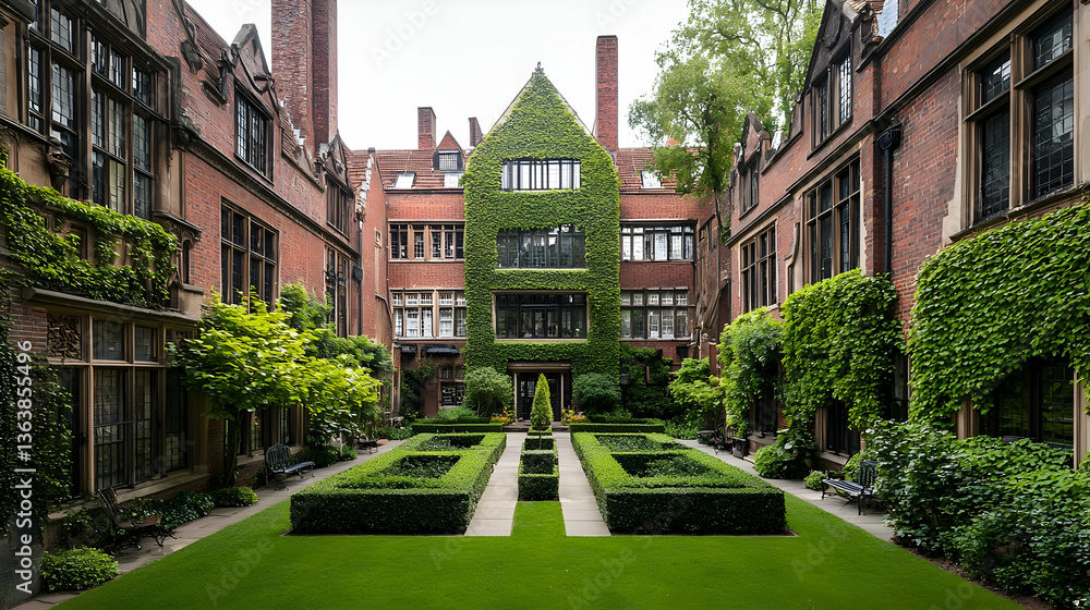 Fototapeta premium Brick Courtyard Garden With Lush Greenery